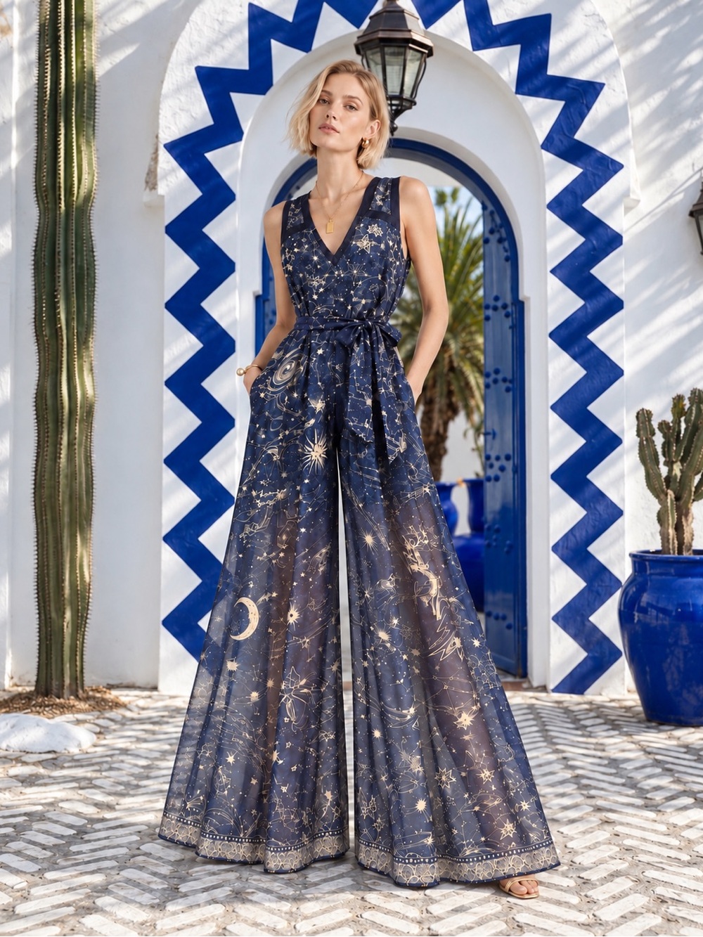 Camilla Celestial-Print Navy Wide-Leg Jumpsuit